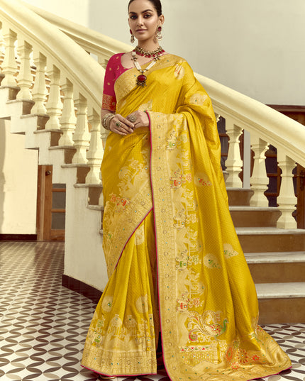 Flawless Sunny Yellow Dola Silk Handwork Wedding Saree