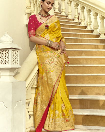Flawless Sunny Yellow Dola Silk Handwork Wedding Saree