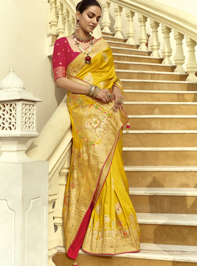 Flawless Sunny Yellow Dola Silk Handwork Wedding Saree