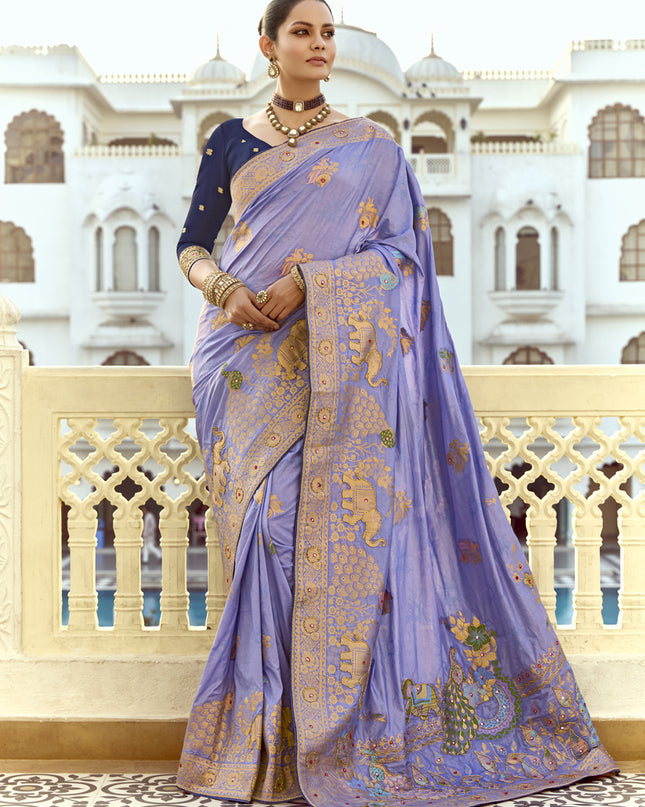 Graceful Lavender Dola Silk Handwork Wedding Saree