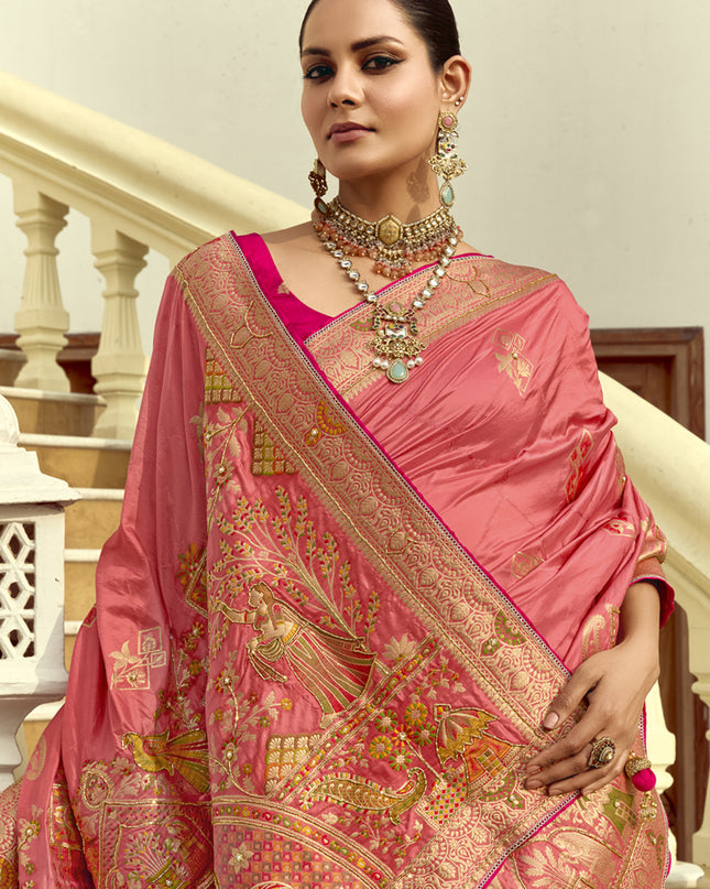 Luxurious Melon Pink Dola Silk Handwork Wedding Saree
