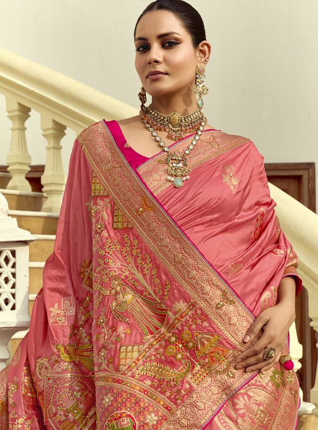 Luxurious Melon Pink Dola Silk Handwork Wedding Saree