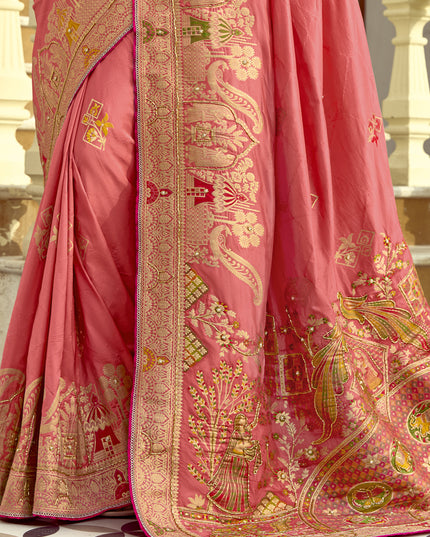 Luxurious Melon Pink Dola Silk Handwork Wedding Saree