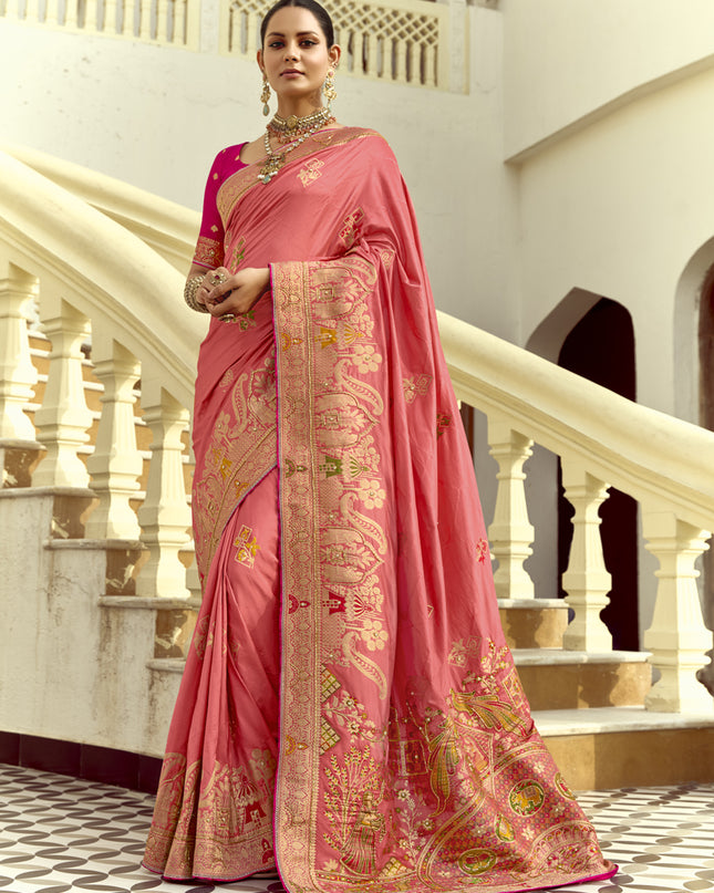 Luxurious Melon Pink Dola Silk Handwork Wedding Saree