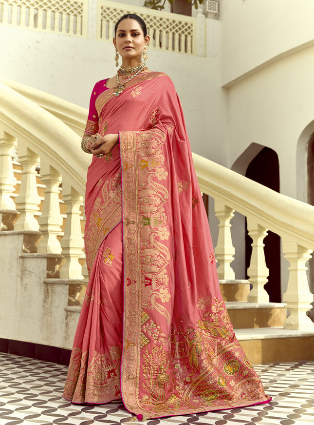 Luxurious Melon Pink Dola Silk Handwork Wedding Saree