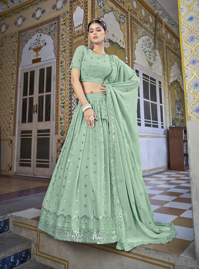 Dashing Pista Green Georgette Sequins Designer Lehenga Choli