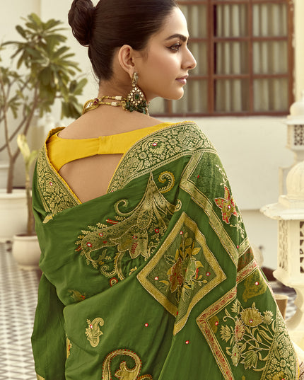 Striking Olive Green Dola Silk Handwork Wedding Saree