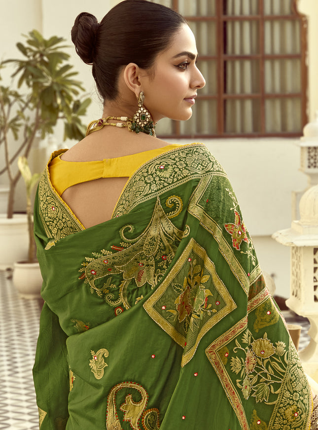 Striking Olive Green Dola Silk Handwork Wedding Saree