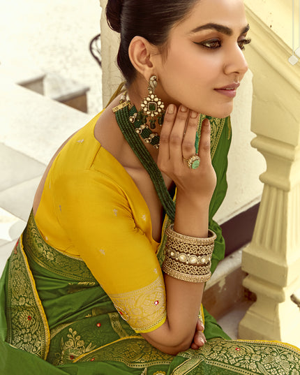 Striking Olive Green Dola Silk Handwork Wedding Saree