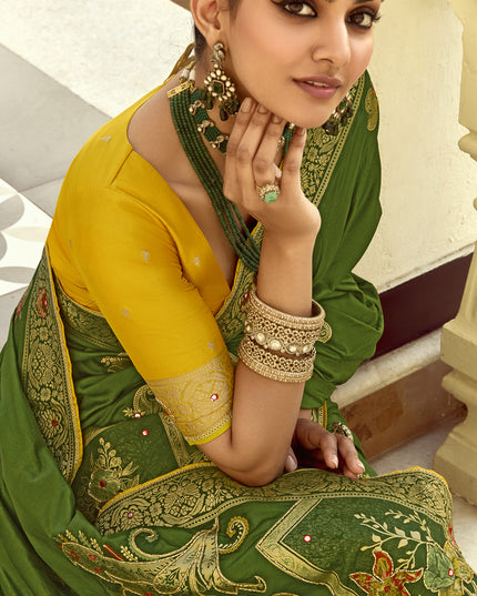 Striking Olive Green Dola Silk Handwork Wedding Saree