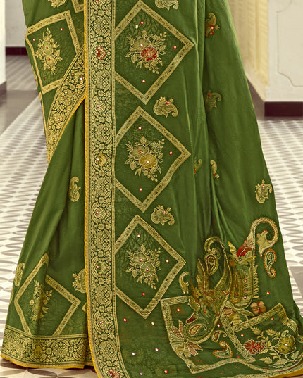 Striking Olive Green Dola Silk Handwork Wedding Saree