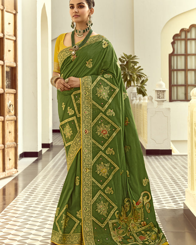 Striking Olive Green Dola Silk Handwork Wedding Saree