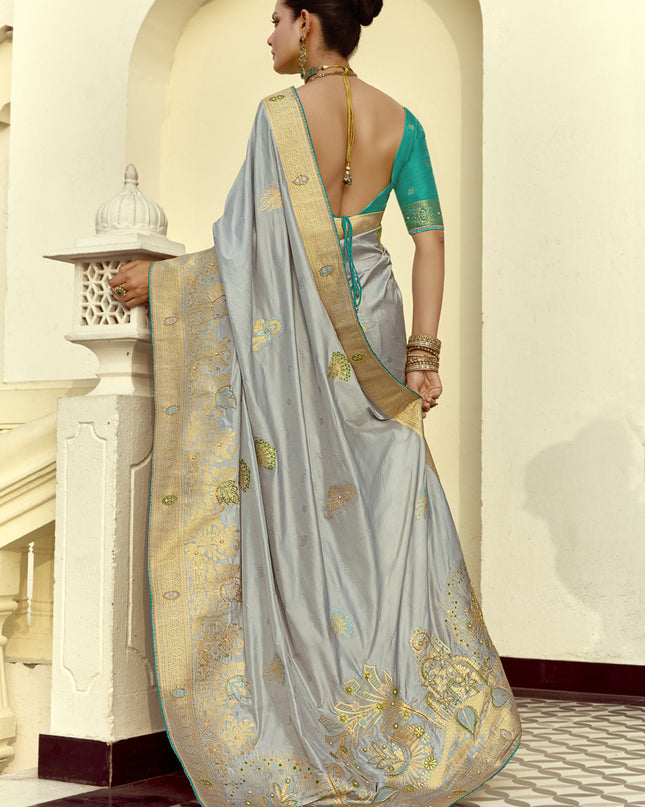 Vibrant Silver Dola Silk Handwork Wedding Saree