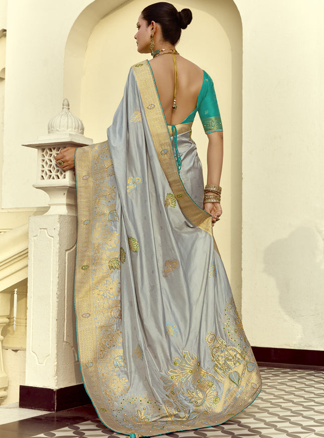 Vibrant Silver Dola Silk Handwork Wedding Saree