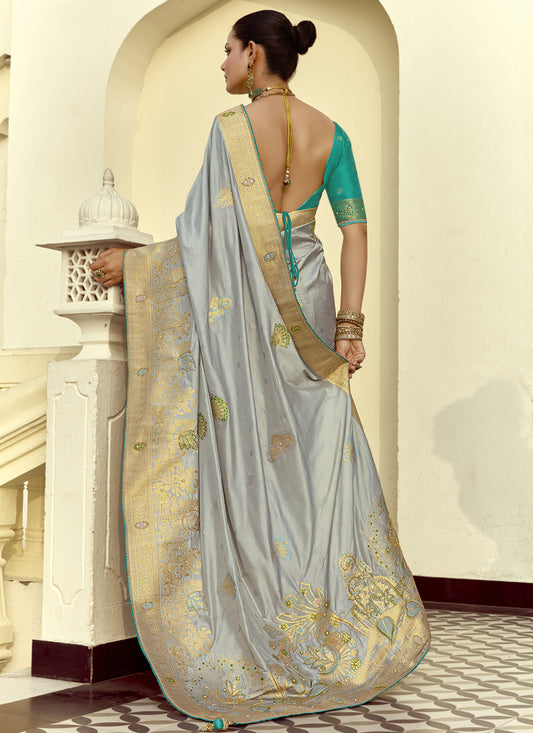 Vibrant Silver Dola Silk Handwork Wedding Saree