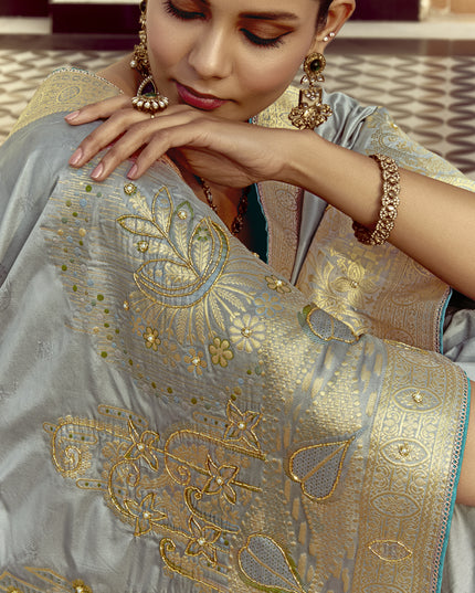 Vibrant Silver Dola Silk Handwork Wedding Saree