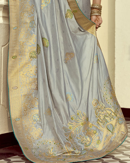 Vibrant Silver Dola Silk Handwork Wedding Saree