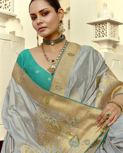 Vibrant Silver Dola Silk Handwork Wedding Saree