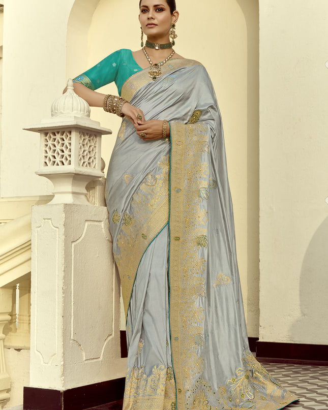 Vibrant Silver Dola Silk Handwork Wedding Saree