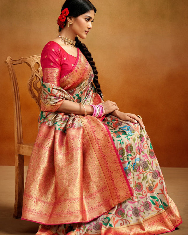 Cream Banarasi Silk Woven Festival Saree