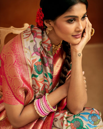 Cream Banarasi Silk Woven Festival Saree