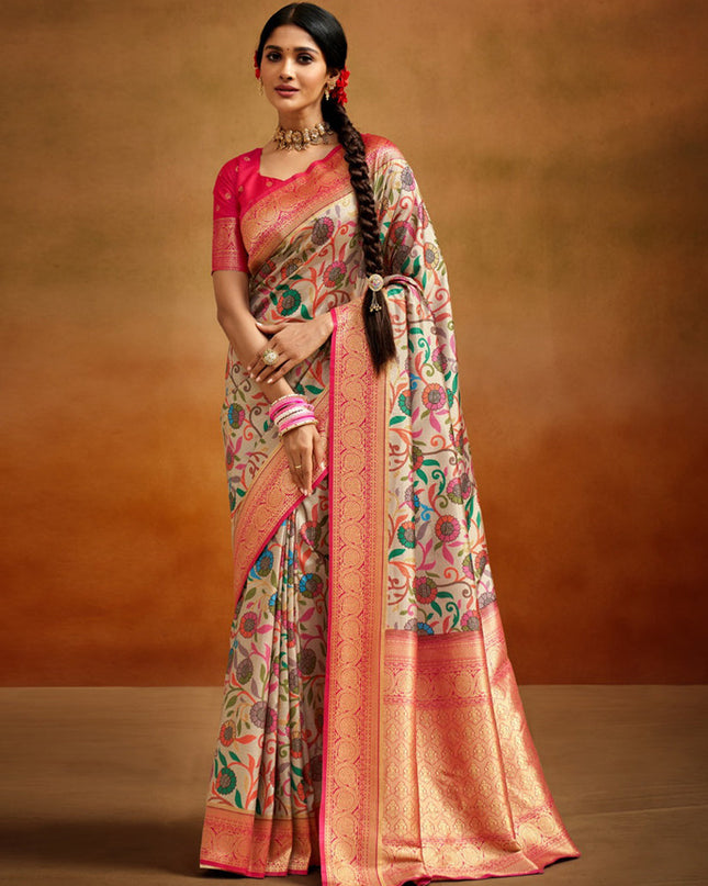 Cream Banarasi Silk Woven Festival Saree