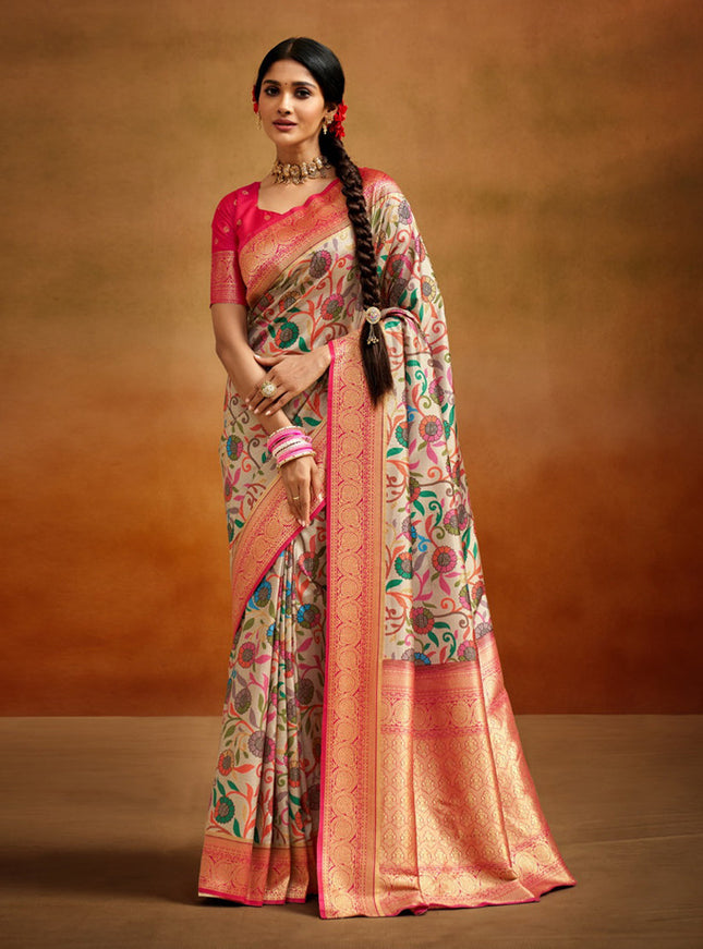 Cream Banarasi Silk Woven Festival Saree