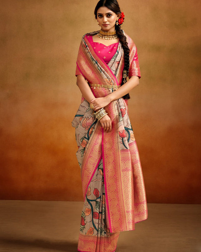 Beige Banarasi Silk Woven Festival Saree