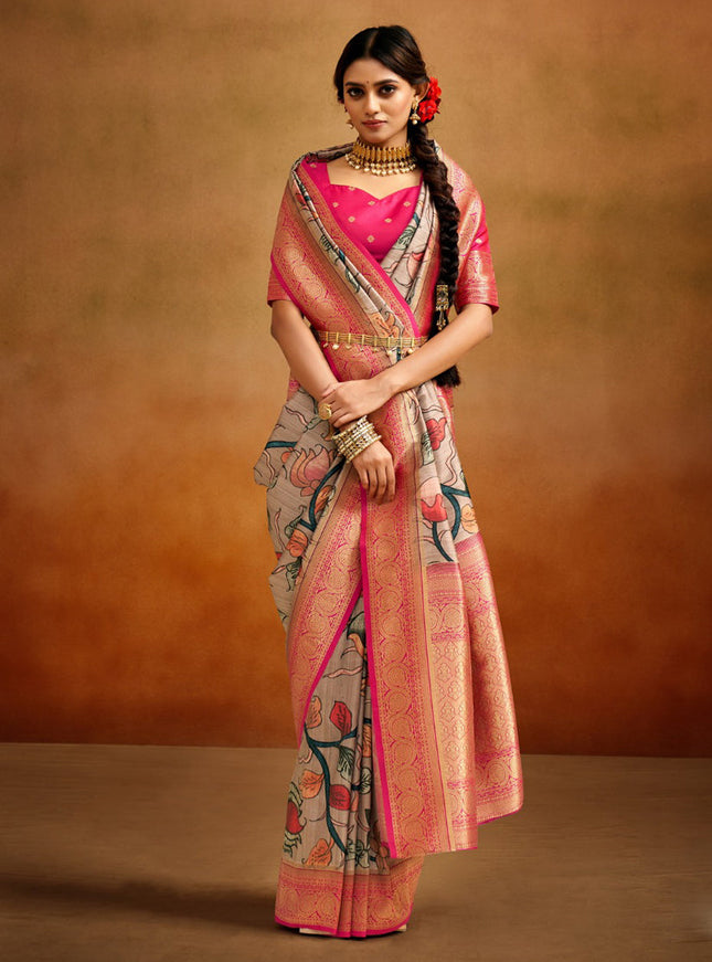 Beige Banarasi Silk Woven Festival Saree