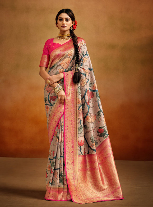 Beige Banarasi Silk Woven Festival Saree