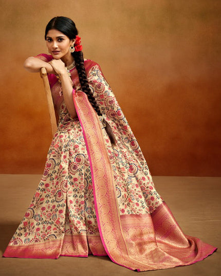 Beige Banarasi Silk Woven Festival Saree