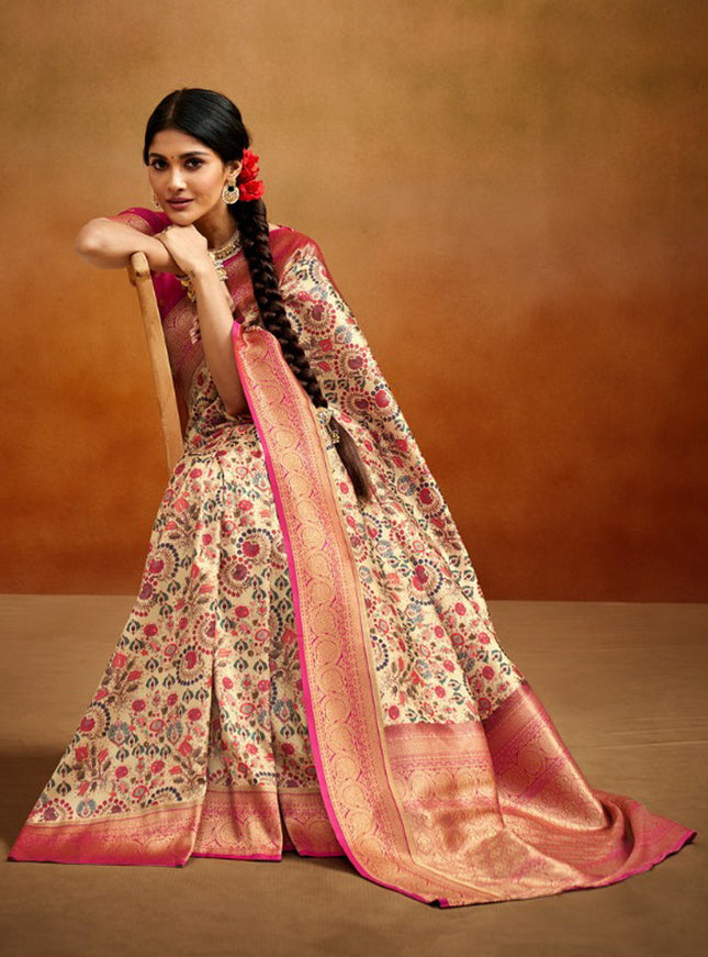 Beige Banarasi Silk Woven Festival Saree