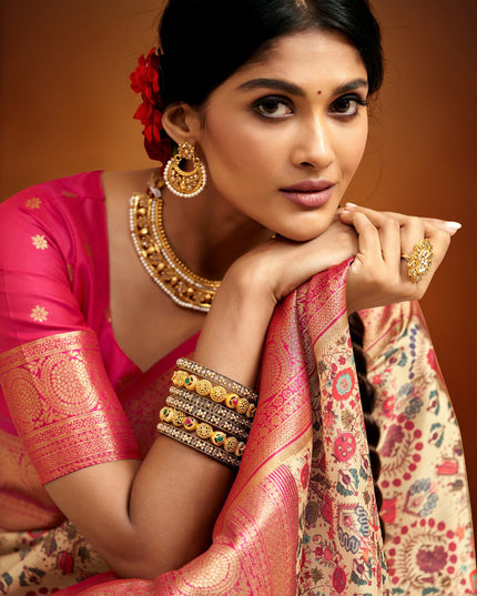 Beige Banarasi Silk Woven Festival Saree