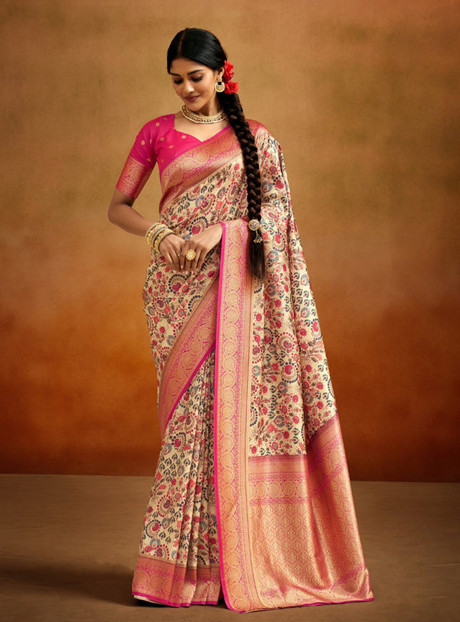 Beige Banarasi Silk Woven Festival Saree