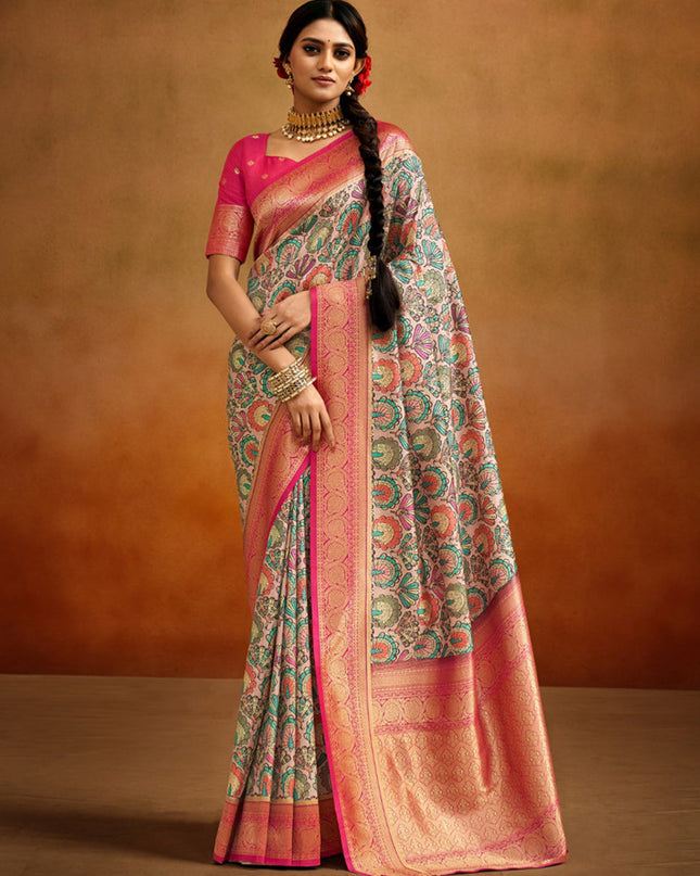 Beige Banarasi Silk Woven Festival Saree
