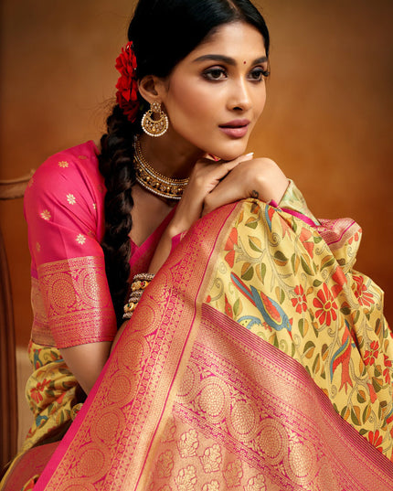 Lemon Yellow Banarasi Silk Woven Festival Saree