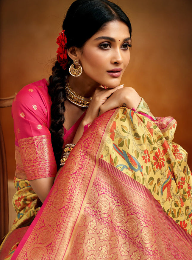 Lemon Yellow Banarasi Silk Woven Festival Saree