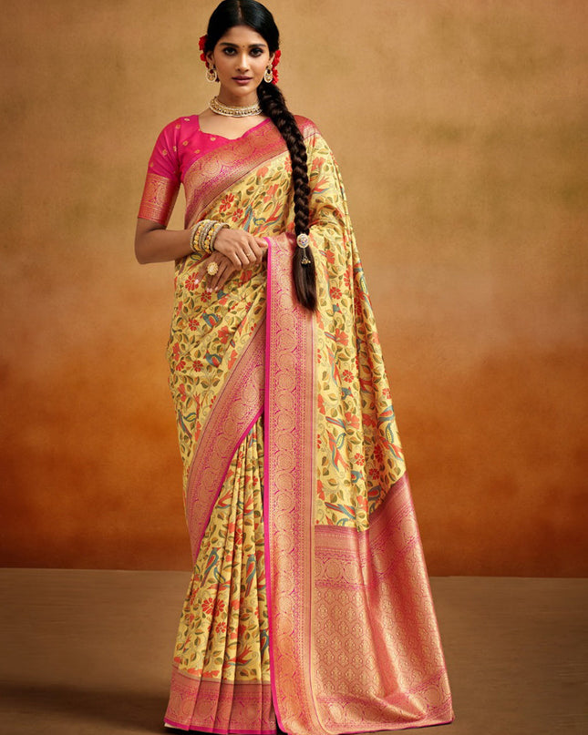 Lemon Yellow Banarasi Silk Woven Festival Saree