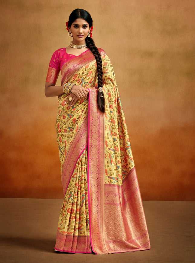 Lemon Yellow Banarasi Silk Woven Festival Saree