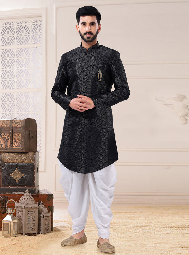Black Jacquard Jacquard Semi Indo Western Outfit
