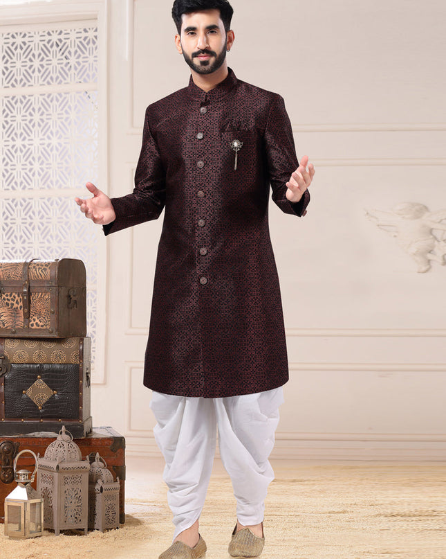 Wine Jacquard Semi Indo Western Outfit