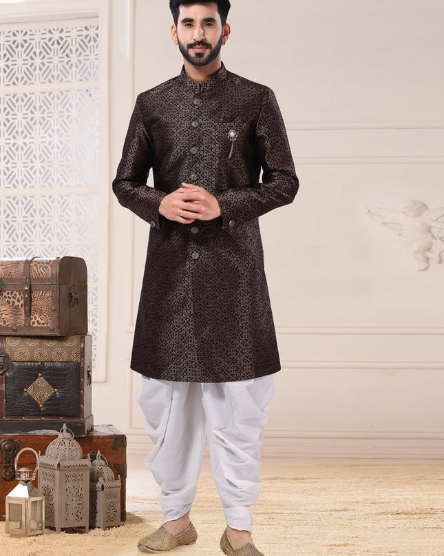 Brown Jacquard Semi Indo Western Outfit
