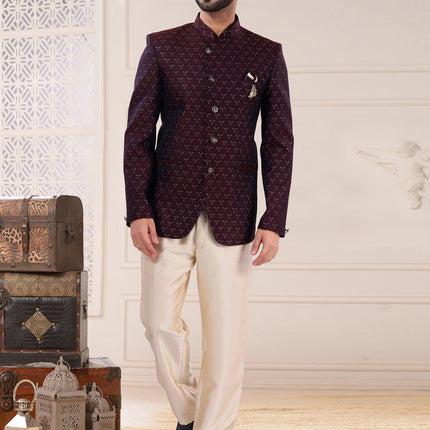 Maroon Jacquard Jodhpuri Suit