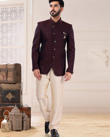Maroon Jacquard Jodhpuri Suit