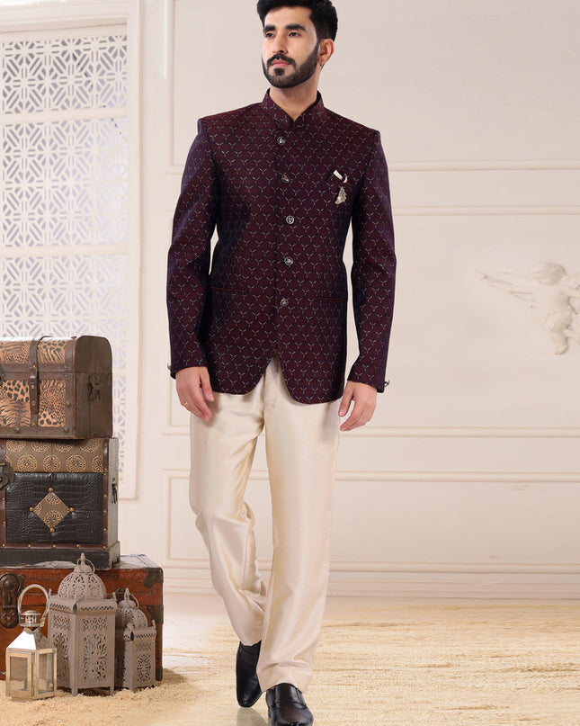 Maroon Jacquard Jodhpuri Suit