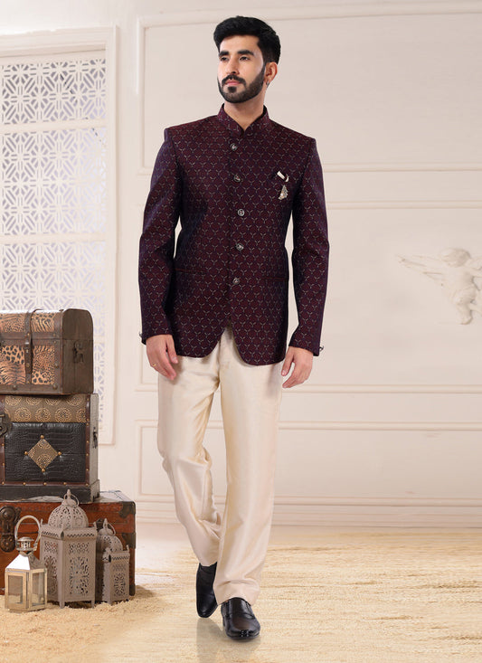 Maroon Jacquard Jodhpuri Suit