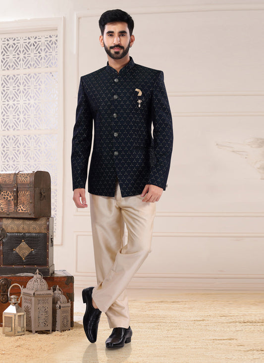 Pine Green Jacquard Jodhpuri Suit