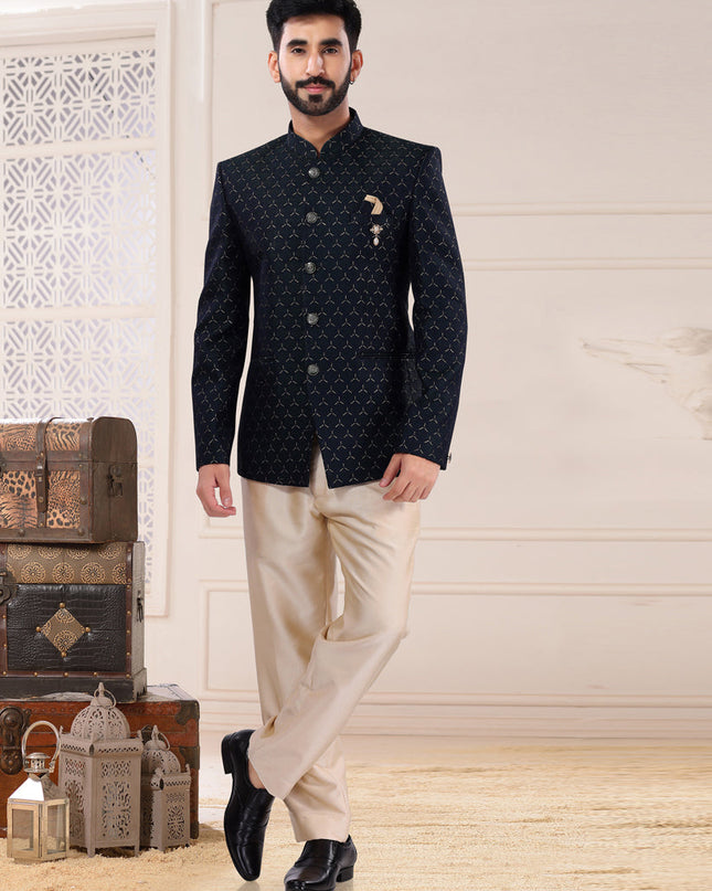 Pine Green Jacquard Jodhpuri Suit