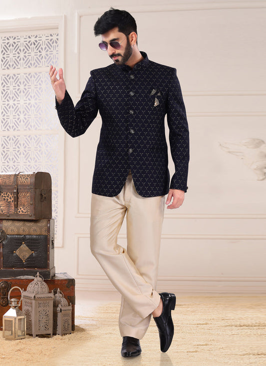 Midnight Blue Jacquard Jodhpuri Suit