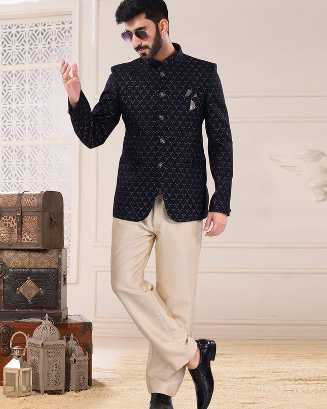 Midnight Blue Jacquard Jodhpuri Suit